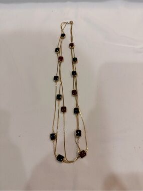 Gold Multi-Strand Necklace with Red and Black Glass Beads